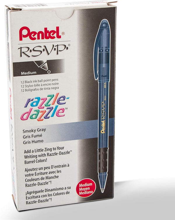Pentel RSVP Razzle-Dazzle Ballpoint Pen, Black Barrel, Black Ink, Box of 12 (1.0mm)