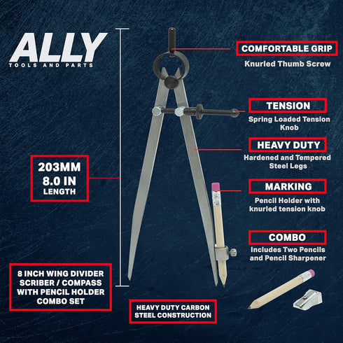 ALLY Tools 8 Inch Precision Locking Spring Divider/Woodworking Compass with Pencil Holder, Includes Two Pencils