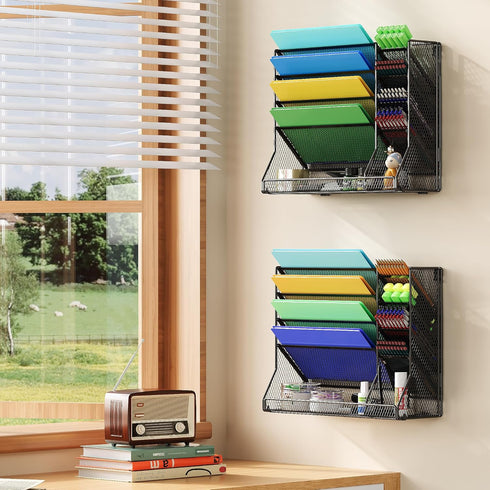 Wall Mounted 4 Tier File Organizer, Durable Adjustable Metal Vertical Hanging with 4 Pen Slots for Office, Black