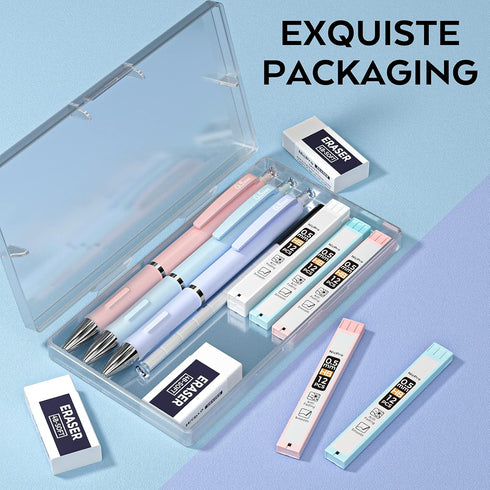 Nicpro 3PCS Pastel Mechanical Pencil Set, 0.5mm with 6 Tubes HB Lead, 3 Erasers, 9 Refills & Case, Aesthetic Supplies