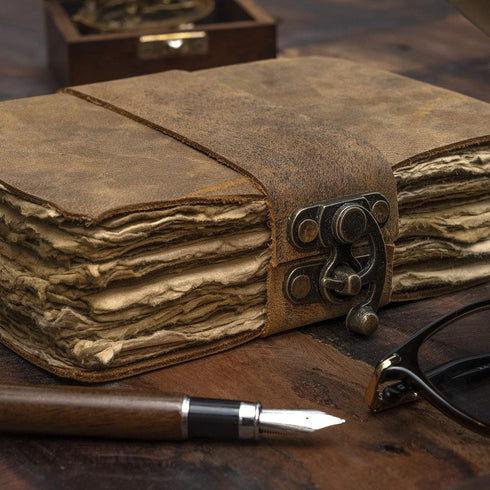 NomadCraftsCo. Vintage Leather Journal - Lock Closure Book of Shadows Journal, 240 Pages Antique Deckle Edge Paper
