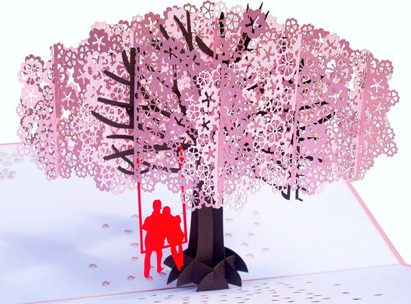 Valentines Day Cards - Pop Up Anniversary Card for Wife, 3D Wedding Birthday Card, Cherry Blossom Swing