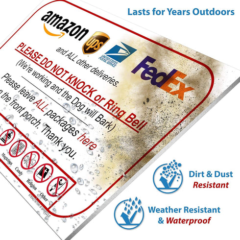 Leave Package Sign - Do Not Knock or Ring Doorbell, Dog Will Bark, 6" x 9", Waterproof PVC