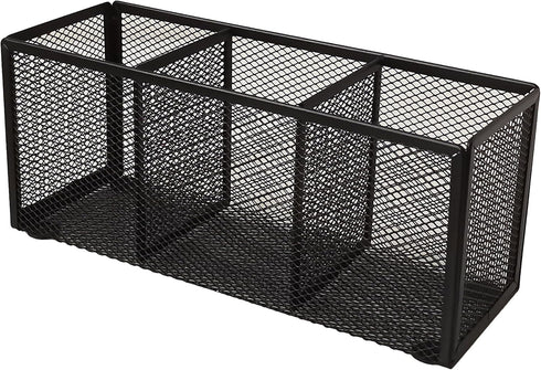 Black Mesh Pencil Holder, 3 Compartments Metal Desk Organizer for Pens, Kitchen Utensils, Small Office Supplies