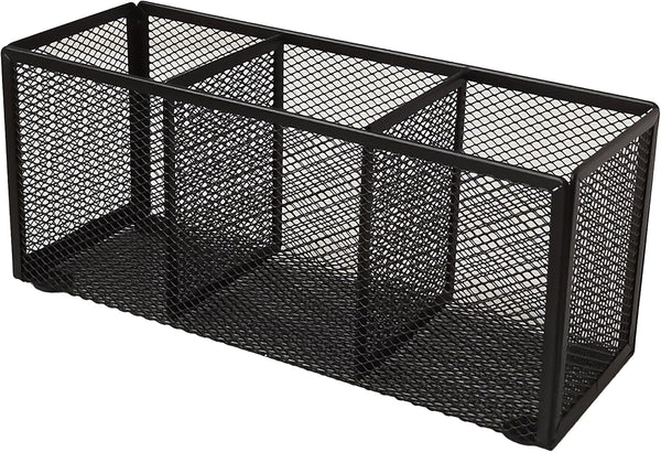 Black Mesh Pencil Holder, 3 Compartments Metal Desk Organizer for Pens, Kitchen Utensils, Small Office Supplies