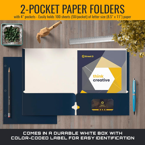 Better Office Products 50-Pack Two Pocket Portfolio Folders, Navy Blue, Letter Size Paper Folders, 50 Pieces, Dark Blue