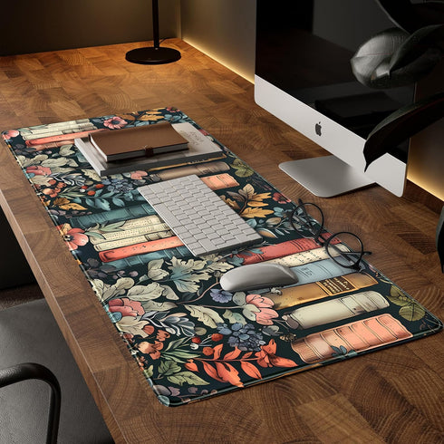 DKPXFG 31.5" 15.7" Floral Books Desk Mat Reading Desk Pad Mouse Mat XXL, Colorful Mouse Keyboard Pad Flower Bookshelf
