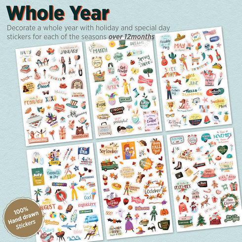 Happy Holiday Seasonal Planner Stickers, 500+ Cute Stickers for Daily Planners, Monthly Events, Journal