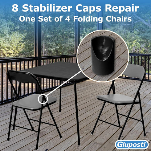 8 7/8 Inch Black Folding Chair V-Tip Stabilizer Caps, ID - Heavy Duty Nylon End Caps, Non-Marring Round Top of Leg