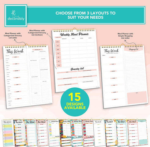 Decorably Weekly Meal Planner with Grocery List Detailed - Meal Prep List - 52 Easy Tear-Off Sheets Refrigerator Meal Planner, 8.5x11in Spring-Bound Weekly Meal Planner and Grocery List Magnetic by Decorably