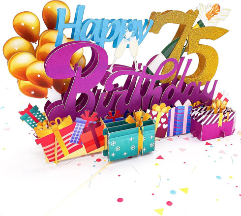 Liif Happy 75th Birthday 3D Greeting Pop Up Card, 75 Birthday Card for Women, Men, with Balloon and Champagne Design