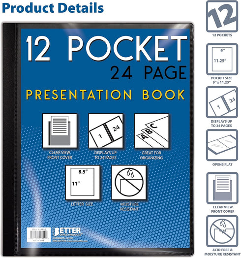 Better Office Products 12 Pocket Bound Presentation Book, Black with Clear View Front Cover, 24 Sheet Protector Pages