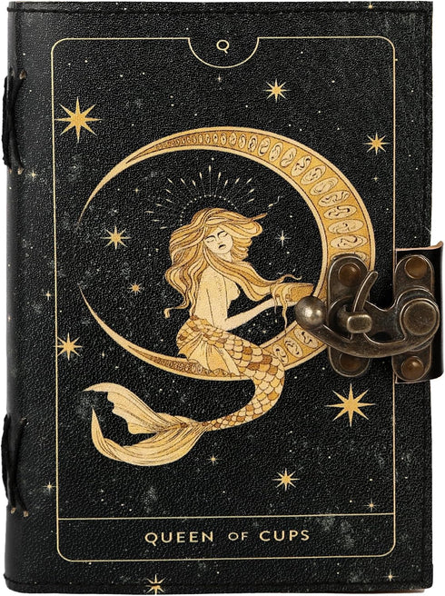 TUZECH Book of Spells Leather Bound Journal, Antique Vintage Grimoire Diary for Witchcraft (Queen of Cups)