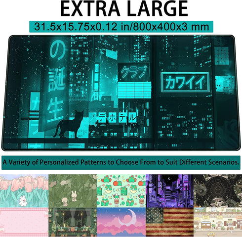 Extended Neon Tokyo Anime Cat Desk Mat, 31.5" x 15.7" Large Mouse Pad, Cool Stitched Edges for Gamers