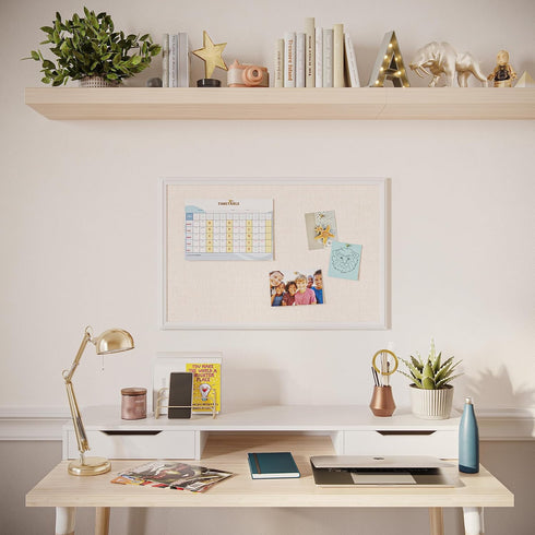 U Brands Farmhouse Bulletin Board - Linen Covered Corkboard with White Wood Frame, 30" x 20"