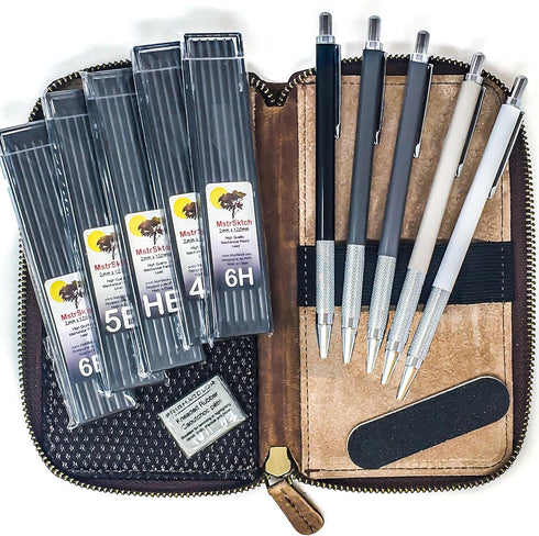 Premium Metal Drawing Mechanical Pencils - Sketching in Leather Pencil Case, 2mm Lead Refills, Kneaded Eraser