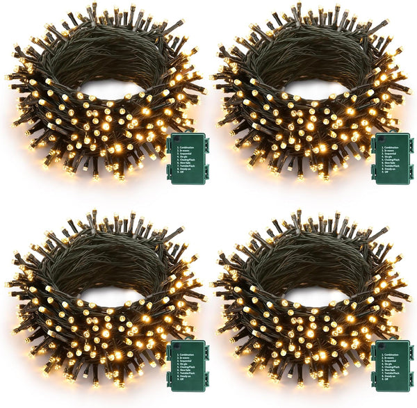 Battery Operated Christmas Lights - 4 Pack Total 66ft 200 LED Battery