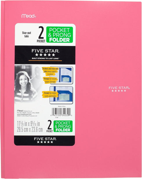 Five Star 2-Pocket Stay-Put Folder, Plastic Colored Folders with Pockets & Prong Fasteners, Pink, 11” x 8-1/2” (72105)