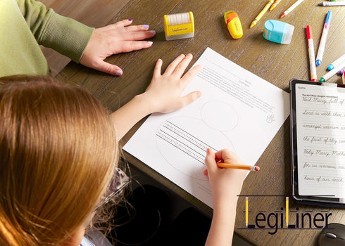 LEGILINER 3/8" Dashed Handwriting Line (Y/R) Teacher Stamp, Refillable Ink Writing Practice Roller Stamp