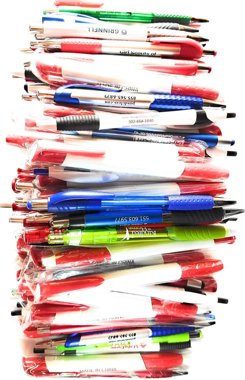 Wholesale Lot of 100 Misprint Ink Pens, Mixed Ball Point Plastic Retractable Pens