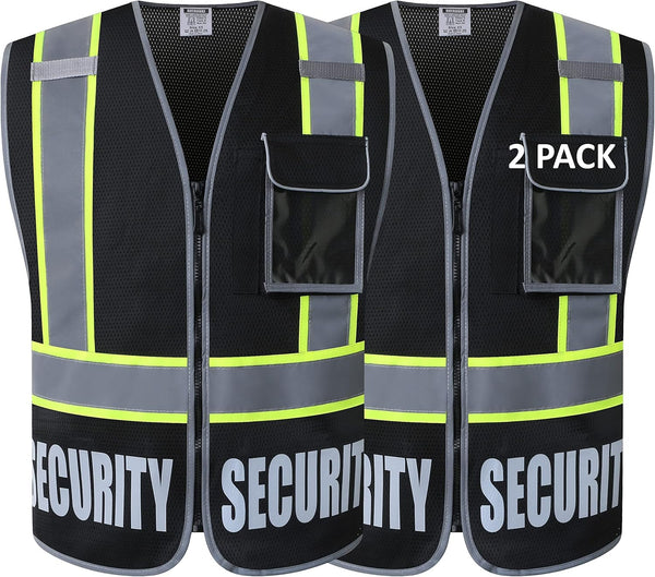 2 Pack Retro-Reflection Security Safety Vests Heavy Duty Black Mesh with 5