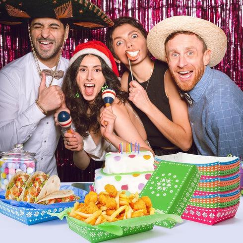 120P Mexican Taco Nights Food Trays - Mexican Wax Paper Deli Trays Nacho Popcorn Grease Proof Container Unassembled