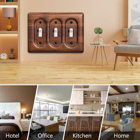 3-Gang Solid Walnut Triple Switch Plate Light Switch Wall Cover for Decorative and Functional Home Accents