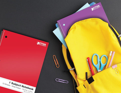 Better Office Products 1-Subject Spiral Notebooks, 24 Pack, Wide Rule, 70 Sheets, 8 x 10.5 Inches, Assorted Colors