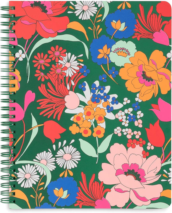ban.do Green Floral Rough Draft Mini Spiral Notebook, 9" x 7", 160 Lined Pages, with Pockets, Superbloom
