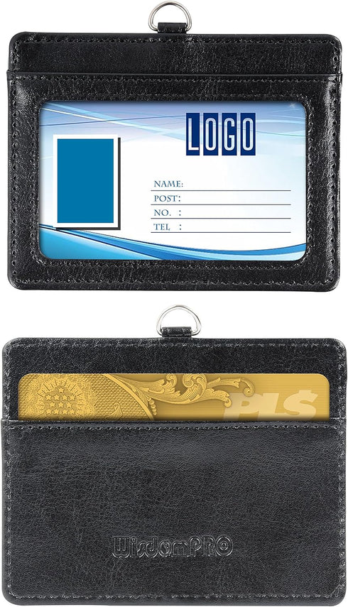 Wisdompro ID Badge Holder with Retractable Keychain, 2-Sided PU Leather Pass Card Holder, 2 Card Slots, Black,