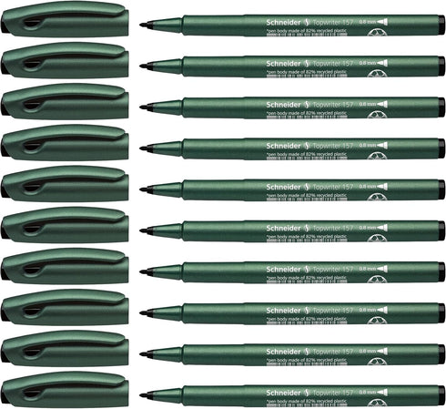 Schneider Topwriter 157 Fiber Tip Pen, 0.8 mm, Green Barrel, Black Ink, Box of 10 Pens