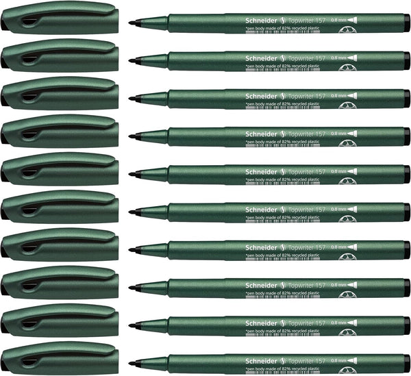Schneider Topwriter 157 Fiber Tip Pen, 0.8 mm, Green Barrel, Black Ink, Box of 10 Pens
