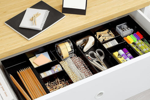CAXXA 3 Slot Drawer Organizer, Black - 4 Adjustable Dividers for Junk Drawer Storage, Office Desk Supplies