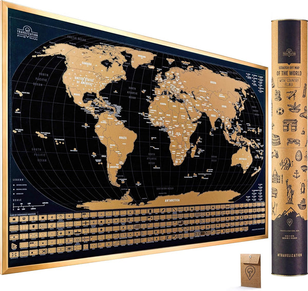 Scratch Off World Map with 196 Country Flags, 24" x 17" Frameable Travel Map, Black