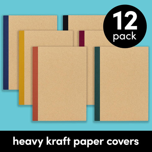 PAPERAGE 12-Pack Composition Notebook Journals, 120 Pages, Kraft Cover with Jewel Tone Spines, College Ruled, Small Size