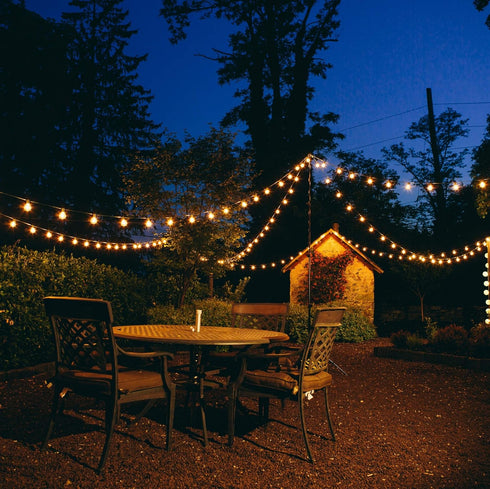 10 G50 2" Bulbs 1 Hometown Evolution, Inc. Foot Patio String Lights with Clear Globe and Black Wire (+ Free Spare)