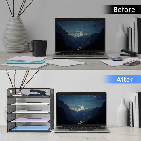 Supeasy 5 Trays Paper Organizer - Mesh Desk File/Letter Organizer, Black Paper Sorter for Office, Home, School