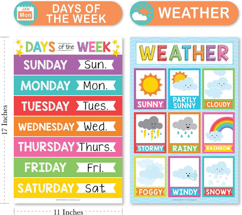 Hadley Designs 4 Alphabet, Months, Weather, Days of The Week Calendar for Kids, Laminated Charts 11x17