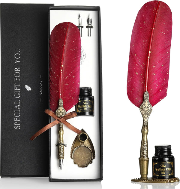 VANGOAL Vintage Carving Feather Pen Set - Glittering Quill Dip Pen with Ink, 2 Replacement Nibs, and Pen Stand (Red)