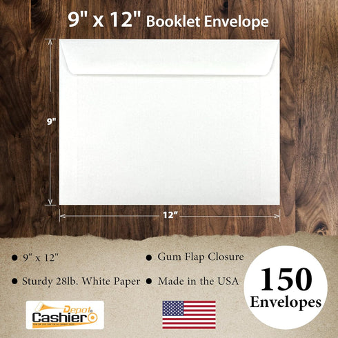 Cashier Depot 9" x 12" Booklet Envelopes (Open Side), Premium Heavy 28lb. White Paper, 150 Envelopes (White)