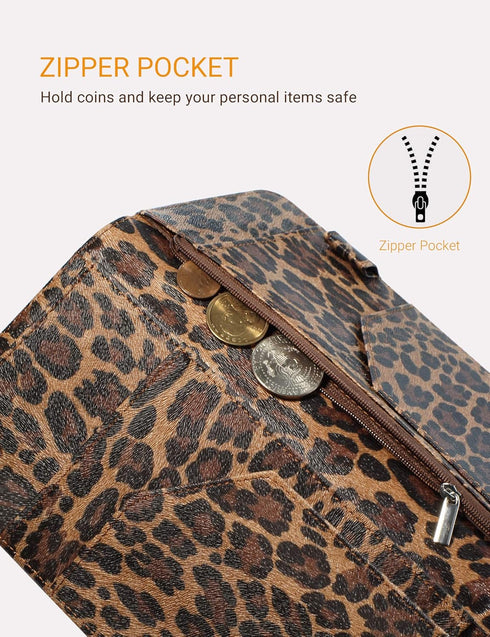 Server Book for Waitress - 5x9 Leopard Magnetic Closure Wallet with Zipper Pocket and Money Pouch