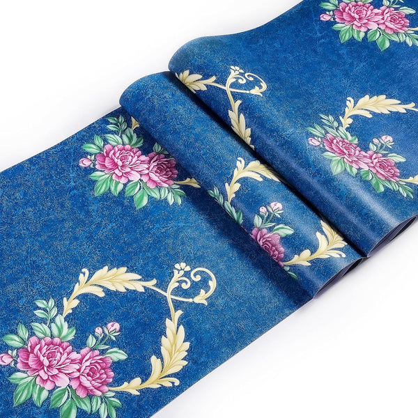 5489-1 Vintage Damask Floral Peel and Stick Wallpaper, 17.7" 9.8ft Blue Peony Flower Contact Paper for Home Decor