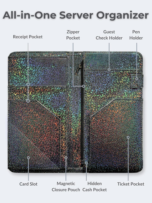 Mymazn Holographic Glitter Server Book for Waitress - Magnetic Cash Pocket & Zipper Pouch - Guest Check & Money