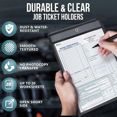 5 Pack 9x12 Job Ticket Holders - Work Order Plastic Sleeves for Documents - Shop Ticket Holders - Heavy Duty Plastic