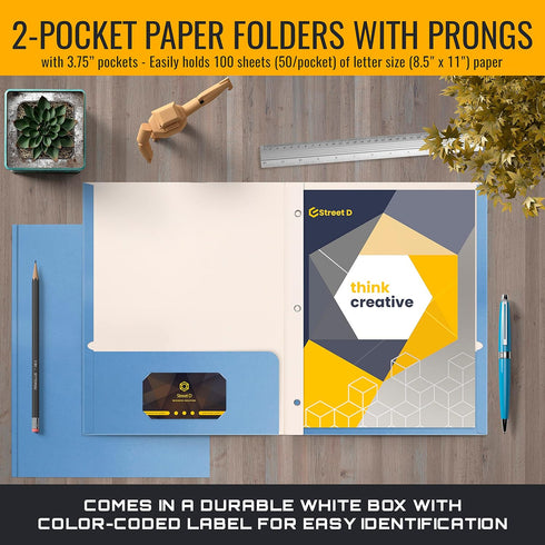 Better Office Products Light Blue Paper 2 Pocket Folders with Prongs, 50 Pack, Letter Size, Matte Texture