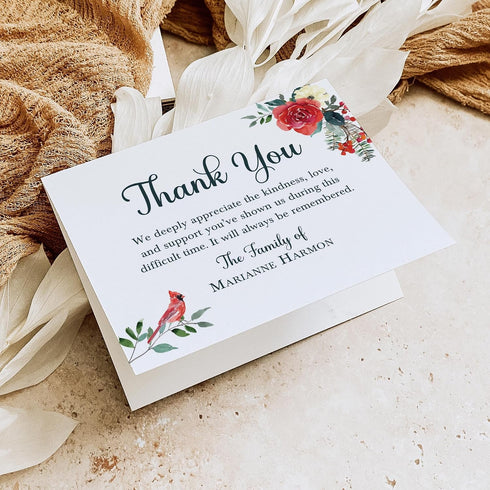 5.5" 4.25" Folded Sympathy Thank You Cards - Cardinal & Red Floral Watercolor Design, Personalized Nature Memorial