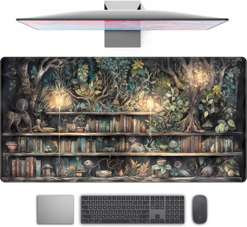 Forest Library Book Mouse Pad, Mystical Green Tree House XXL Extended Gaming Desk Mat for Women 31.5x15.7 in