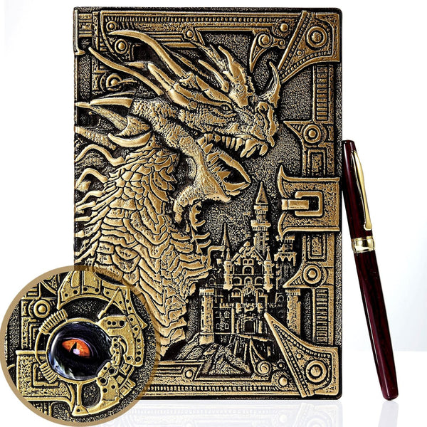 Pajean Dragon Journal, Embossed Leather Antique Dragon Notebook with Pen, Lined Paper, A5 (Bronze)