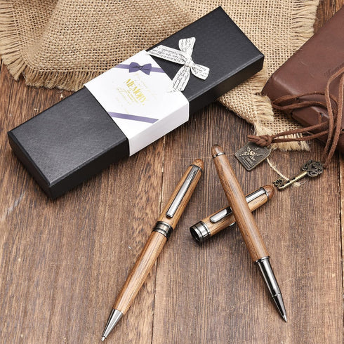Wood Ballpoint Pen Set - 2 Pack, Fancy Wooden Pens and Rollerball Pen with 4 Extra Ink Refills