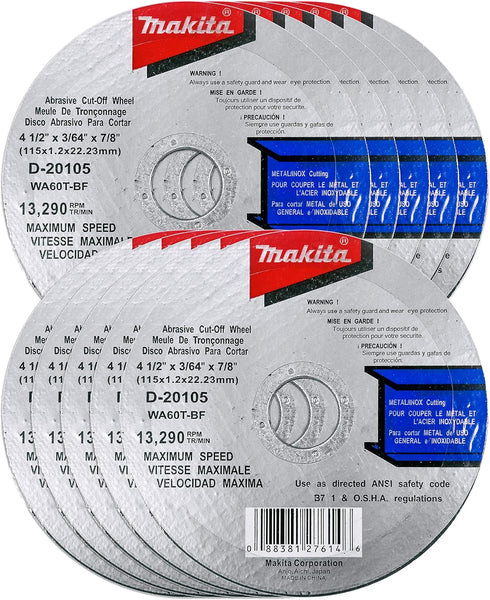 Makita 10 Pack 4.5" Cut Off Wheels for Grinders, Aggressive Cutting for Metal & Stainless Steel/INOX
